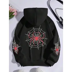 Women's Spider Web & Spider Print Drop Shoulder Hoodie, Fashion Casual Drawstring Pocket Hooded Sweatshirt for Daily Holiday Outdoor Wear, Women Clothing for Fall & Winter