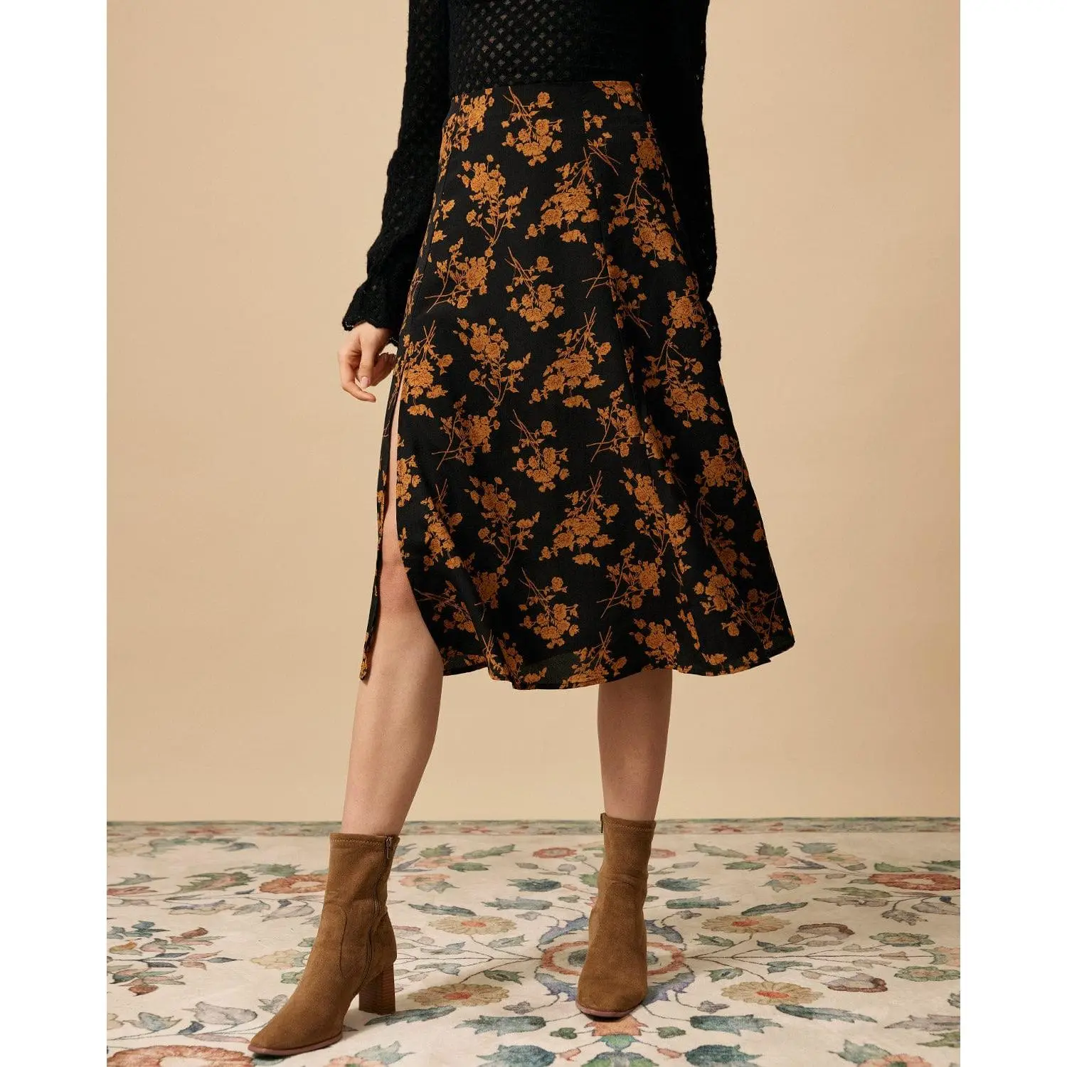 RIHOAS Women's High-Waisted Vintage Allover Floral Print A-Line Flowy Skirt - Polyester, Wrinkle-Free, Casual, Side Slit, Women's Casual High-Waisted Flowy Skirts, Wrinkle-Free Clothes
