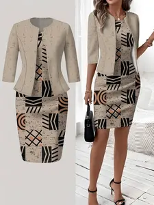 Women's Spring Summer Fall Knitted Cardigan Top, Slim Waist & Print Design, Classic Straight Dress Set, Elegant Wedding Guest Gown