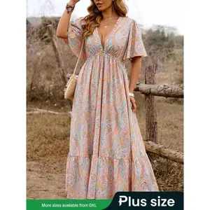 ??Plus Size??All Over Boho Style Floral Print Dress, Fashion Casual Chic Vneck Dress for Daily Holiday Vacation Wear, Women Plus Clothing for Summer, Bohemian WomenswearGift