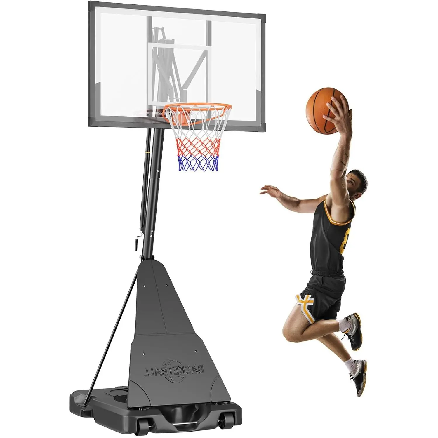 Portable Basketball Hoop, Outdoor 5-10FT Manual Crank/Hand Pull Adjustable Goal with 33/44in PC Backboard & Wheels for Backyard, Driveway