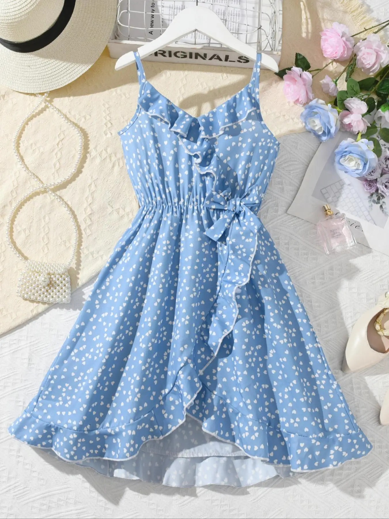 Girl's Heart Print Ruffle Trim Sweater Dress, Elegant Casual Sleeveless Midi Dress for Summer, Kids Clothes for Daily Wear, Princess Dress