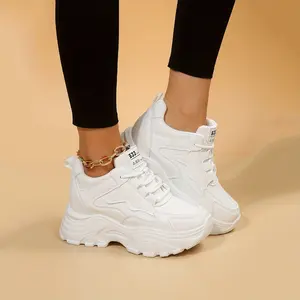 Women's Height Increasing Sneakers, Trendy Lace Up Chunky Sports Shoes, Solid Color Heightening Platform Trainers