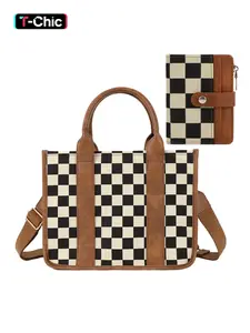 2Pcs Set Checkered PU Leather Tote Purse & Short Wallet for Women, Fashionable Patterned Bag, Adjustable Strap, Animal Print Design, All-Season Use