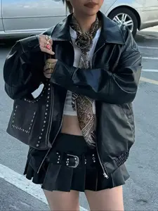 Women Preppy Motorcycle Jacket 2026 Casual Loose Fit Long Sleeve Leather Jacket Fall Winter Outerwear Coats