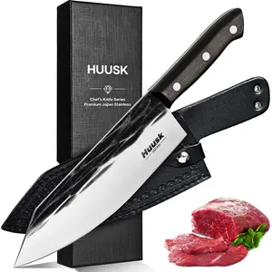 Huusk Japanese Cooking Knife, Butcher Knife for Meat Cutting, Hand Forged Kitchen Knife with Full Tang Handle, Brisket Trimming Knife with Sheath for BBQ, Camping, Gifts for Men