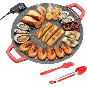 Electric Indoor Grill Nonstick Smokeless 14 Inch Round Griddle with Temperature Control, Includes Oil Brush & Food Tongs for Kitchen BBQ Pan Searing Steak Pancakes