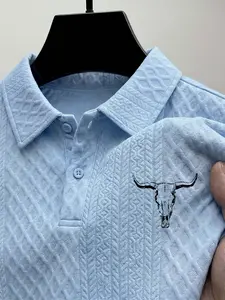 Men's Polo Short Sleeve Collared T-Shirt, Bull Cow Head Print, Comfortable Fabric, Casual Daily Wear, Geometric Pattern, Fitted Style