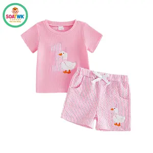 Baby Girls Birthday Outfit, Short Sleeve Embroidery Duck T-shirt with Striped Shorts Summer 2-piece Outfit