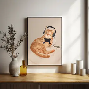 Gamer Cat Wall Art, Cute Gaming Kitten Poster, Gamer Room Decor, Funny Cat with Controller, Aesthetic Gaming Setup Art, Gamer Gift Idea, Cozy Bedroom Decor, Kawaii Animal Artwork, Modern Home Decoration
