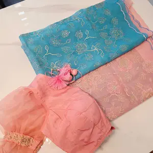 Pink and Blue Designer Saree with trending sleeves blouse.