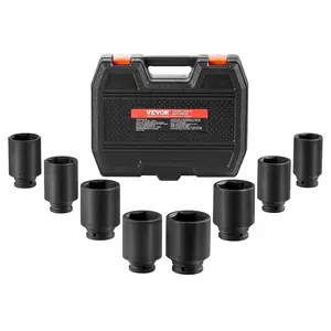 VEVOR Axle Nut Impact Socket Set, TikTokShopBlackFriday, 1/2" Drive Deep 12-Point 8-Piece Metric Spindle Nut Socket Set, CR-MO Heat Treated Large Socket Set with Storage Case, Auto Repair, Removing or Installing Axle Nuts