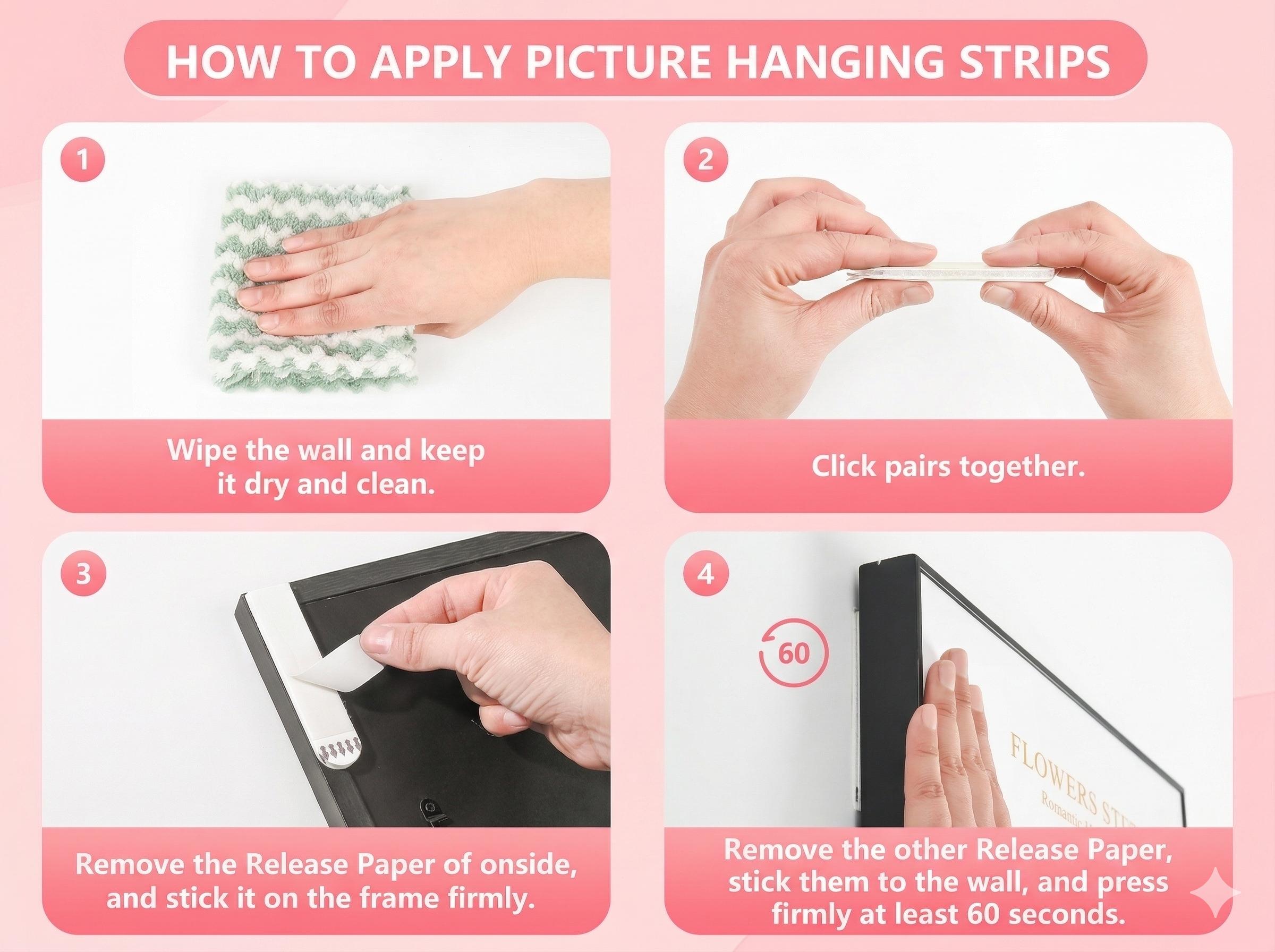 Removable Picture Hanging Strips Nail-Free Double Sided Adhesive Strips No Damage Wall Mount for Frames Hook & Loop All-in-one Heavy Duty