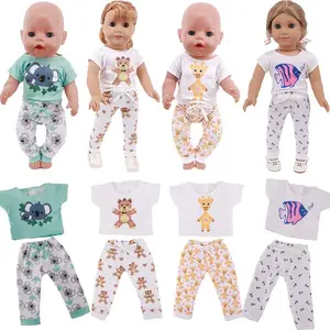 New 18 Inch American Girl Doll Accessories Cartoon Animal Pattern T-Shirt + Pants Set, Kids Fashion, Perfect Gift for Girls, Doll Clothes Set
