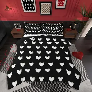 Black White Comforter Set,Cute Heart Pattern Bedding,Valentine Day Gift Quilt Cartoon Love Geometric Duvet Insert,Love Heart Bedding Sets