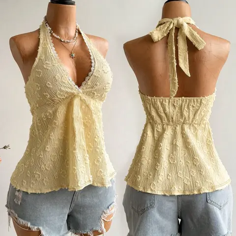 Women's Fashion Comfortable Casual Beach Tank Slim Fit Lace Adjustable Tie-Back Halter Sleeveless Tank Tops, Beachy Tops, Stylish Backless Design, Perfect for Daily Wear, Womenswear