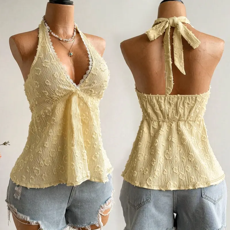 Women's Fashion Comfortable Casual Beach Tank Slim Fit Lace Adjustable Tie-Back Halter Sleeveless Tank Tops, Beachy Tops, Stylish Backless Design, Perfect for Daily Wear, Womenswear