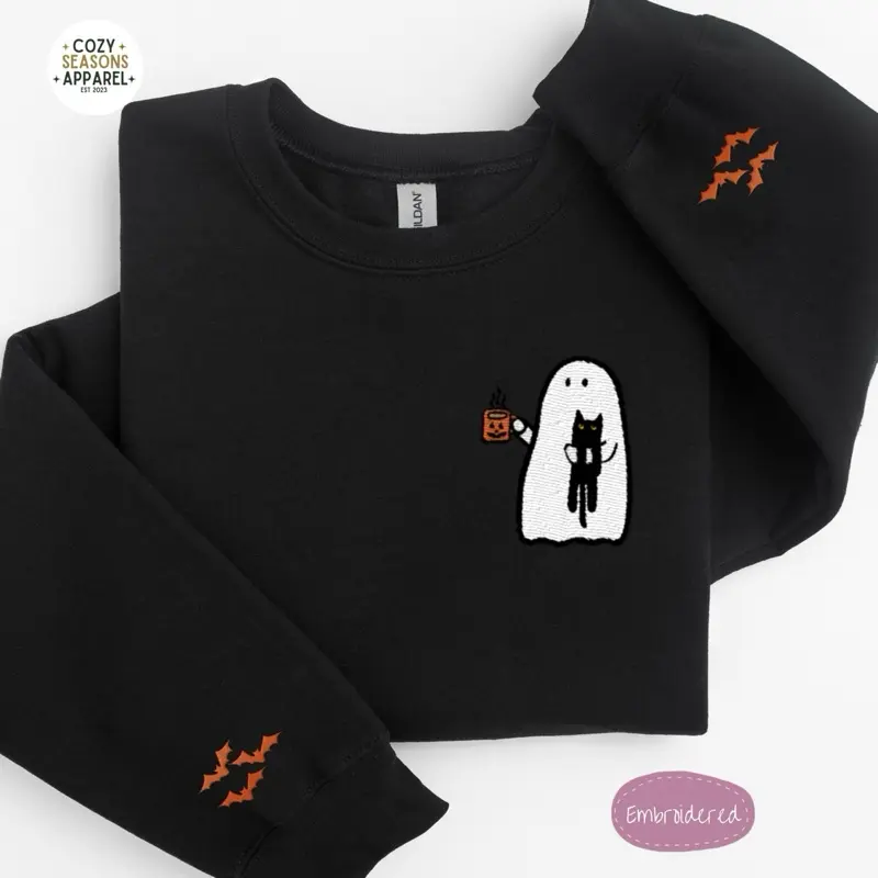 Women's Embroidered Halloween Ghost Sweatshirt - Casual, Comfy Long-Sleeve Crewneck with Bat Sleeves, Ghost Holding Black Cat, Pumpkin Coffee Design - Cute Aesthetic Tops for Girls