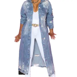 Casual Women’s Long Ripped Denim Jacket trending Fashion Piece Light Womenswear Coats Evening Trench Overall Party