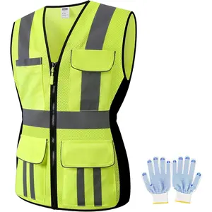 Women Safety Vest Multi Pockets High Visibility Reflective Breathable Mesh Work Vest For Lady Durable Zipper