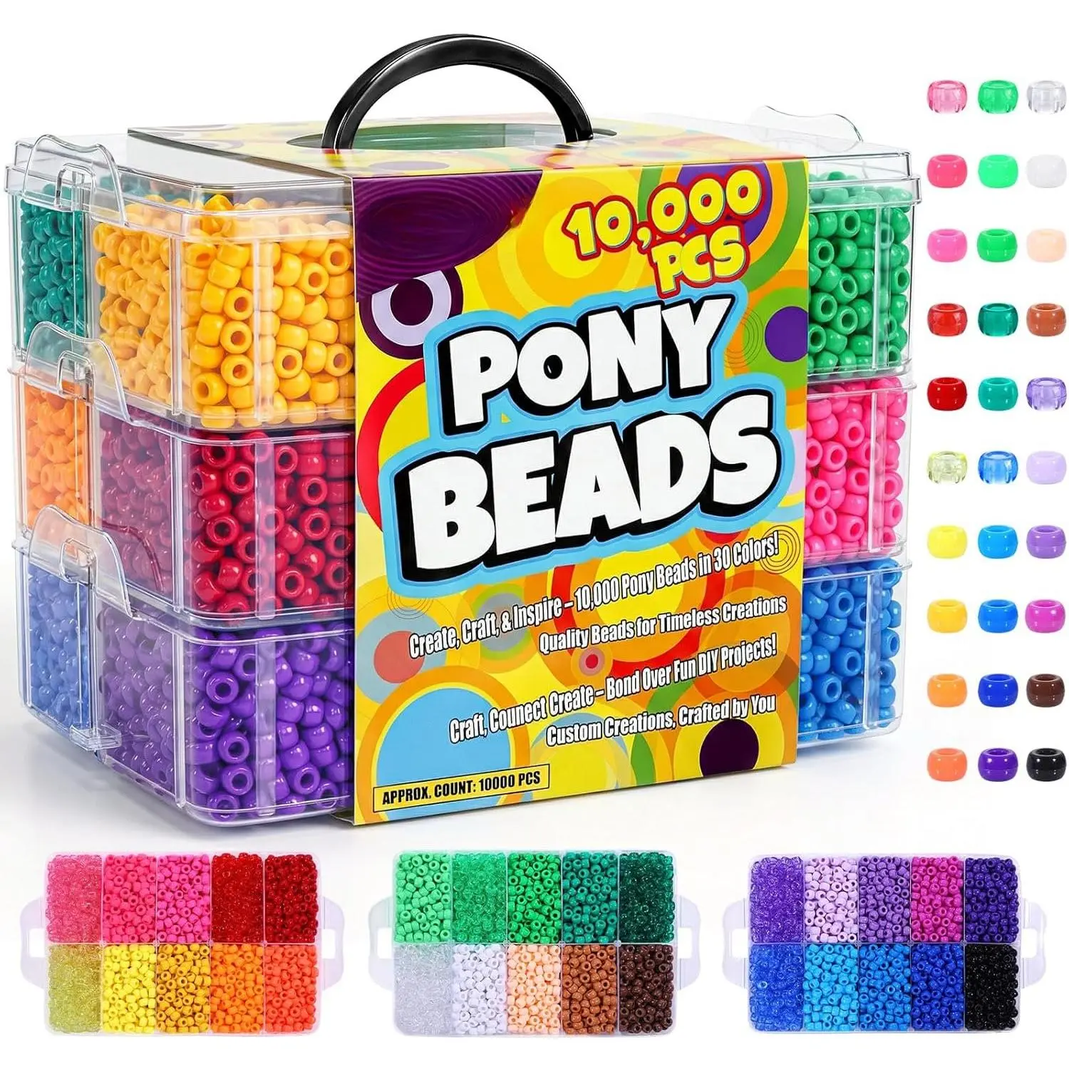10000 count Pony Beads Bulk, 30 Assorted Colors Kandi Beads Rainbow Pony Beads for Making Friendship Bracelet Necklaces  Hair Braiding DIY Craft Gifts
