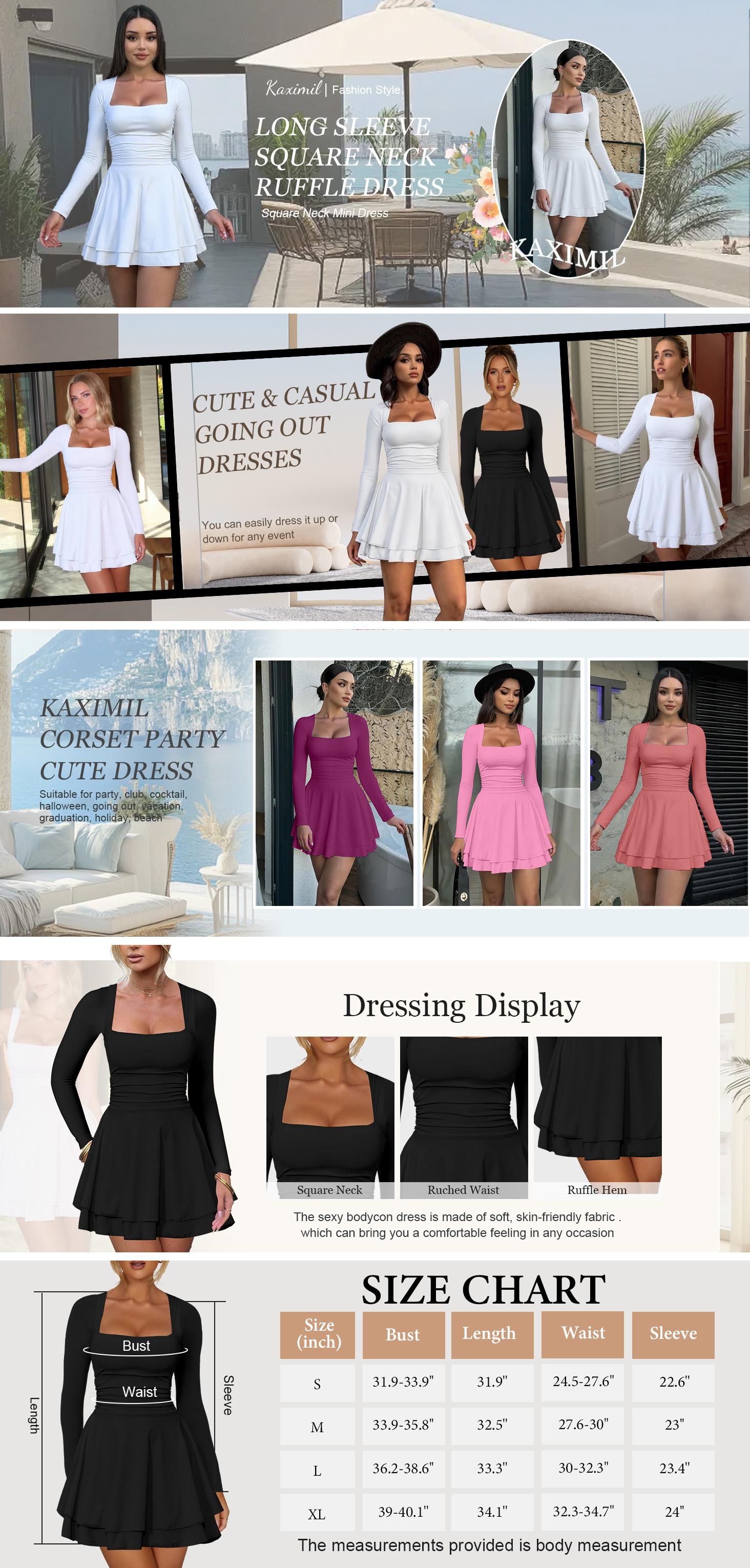 Kaximil Spring Long Sleeve Square Neck Mini Dress Snatched Athletic Fabric Ruffle Hem Dress Romantic Date Night Graduation Outfit Stretchy Bodycon Easter & Wedding Guest Dress SpringStatements