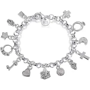 S925 Silver Women's Multi-Charm Bracelet, 13 Pendants Dainty Chain Bracelet, Fashion Bangle Jewelry Gift for Ladies