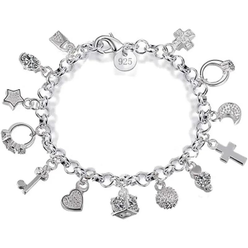 Trendy Hot Selling 13 Charms Multi Pendant Bracelet, Dainty Elegant Chain Wrist Bangle, Luxury Minimalist Stackable Fashion Jewelry, Best Daily Party Holiday Gift For Women Ladies
