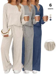 WomensLoungeSets2PieceMatchingPajamasFallFashion2025RibbedKnitOutfitsLongSleeveCasualSweatsuits