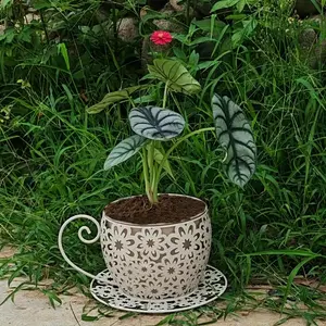 Vintage Iron Coffee Cup Planter for Garden, Lightweight Round Metal Planting Pot with Decorative Handle, Perfect for Succulents and Flowers