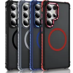 For Samsung Galaxy S23 S24 S25 Plus Ultra FE Shockproof Camera Stand Magnetic Case Compatible With MagSafe Heavy Duty Bumper Translucent Clear Cover