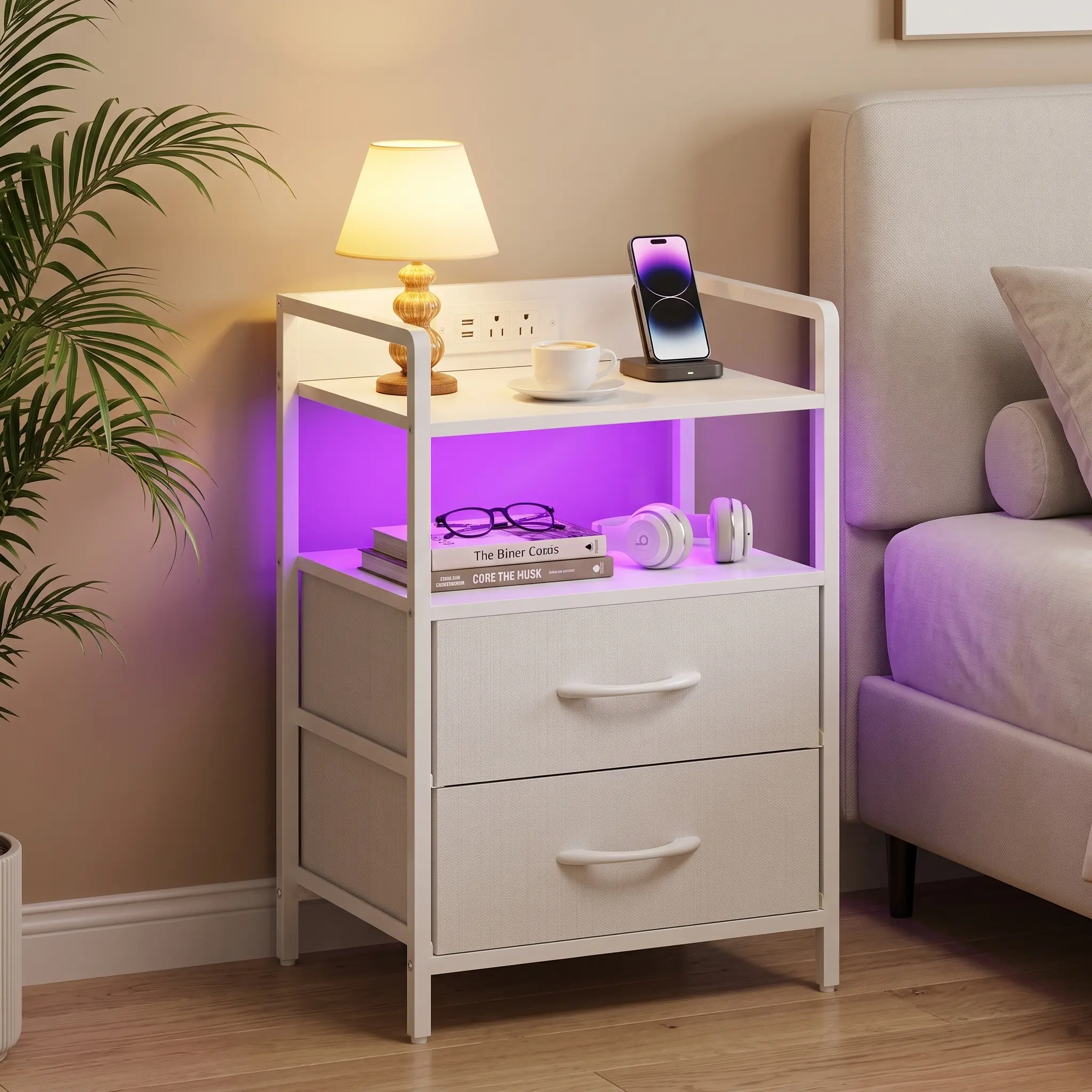 Night Stand with Charging Station, LED Nightstand with U-S-B Ports and Outlets, 2 Fabric Storage Drawers with PU Finish, Small Bedside Table, White