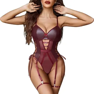 Avidlove Lingerie for Women Leather Teddy Lingerie Mesh Bodysuit Garter Belt Set S-XXL Strappy Sheer Soft Adjustable Snap Crotch Design