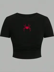 Women's Spider Print Round Neck Tee, Fashion Casual Crew Neck T-Shirt for Daily Holiday Vacation Outdoor Wear, Ladies Clothes for Summer, Halloween, Womenswear