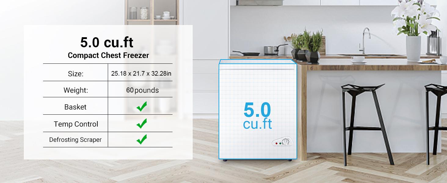 5.0 Cu.Ft Chest Freezer with Removable Basket, Deep Freezer with 6 Adjustable Temperature & Removable Baskets, Top Open Door Compact Freezer for Home, Apartments, White mini fridges