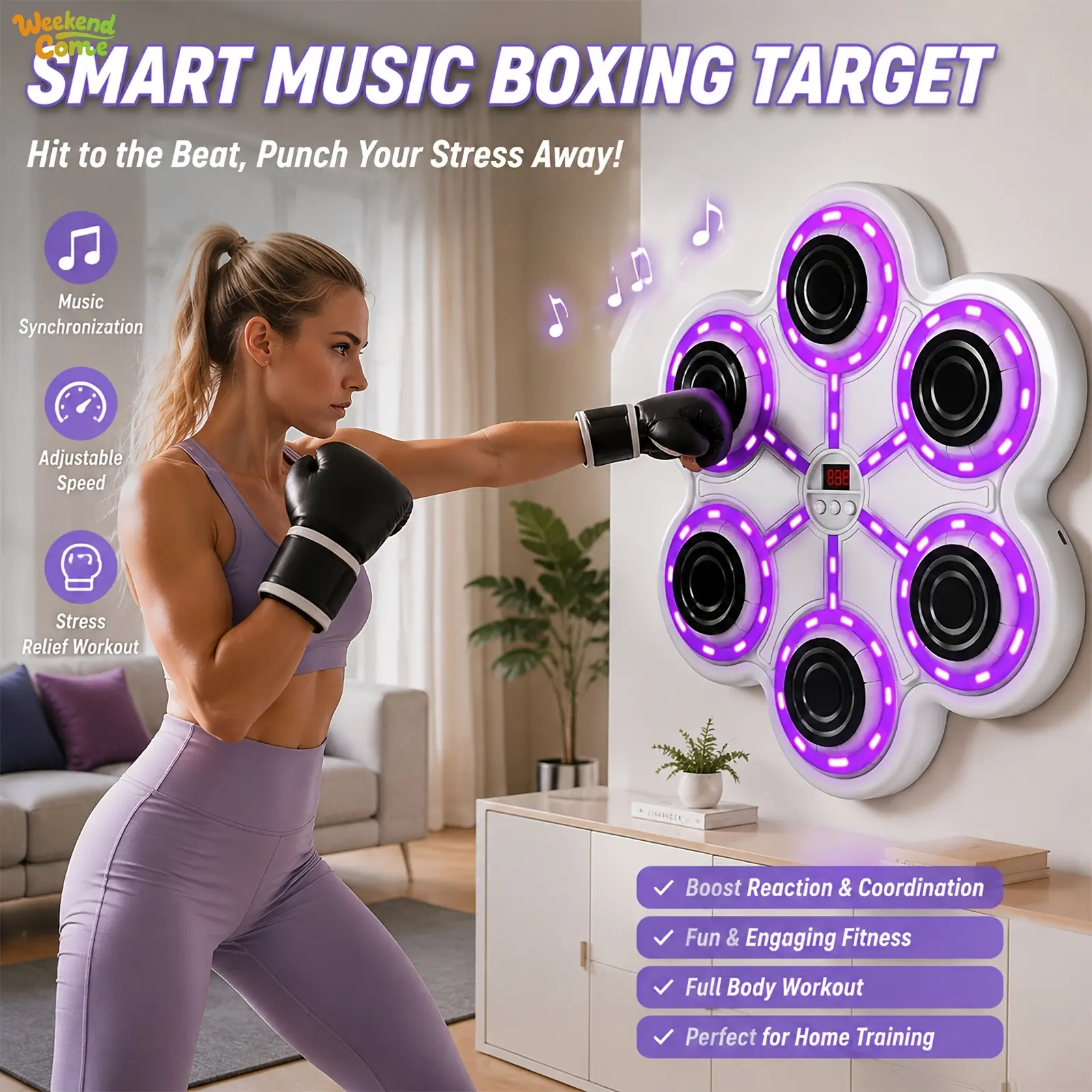 WEEKEND COME Smart Music Boxing Machine - Gloves Included, No-Drill Wall Mount, Height Adjustable, Bluetooth Music Sync, LED Colorful Lights, Training Sensors + Smart Counting, Great For Home/Indoor Workouts, Ideal Birthday & Holiday Gift