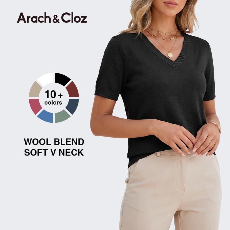 Arach&Cloz Women's V Neck Knit Sweater Top Fall Winter Underwear Soft Wool Blend Short Sleeve Dressy Casual SummerVibes 2026 Knitwear Womenswear