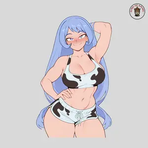Anime Cow Print Girl Sticker, Cute Blue Hair Waifu Vinyl Decal, Sexy Aesthetic Anime Art for Laptop Car Bottle Gift