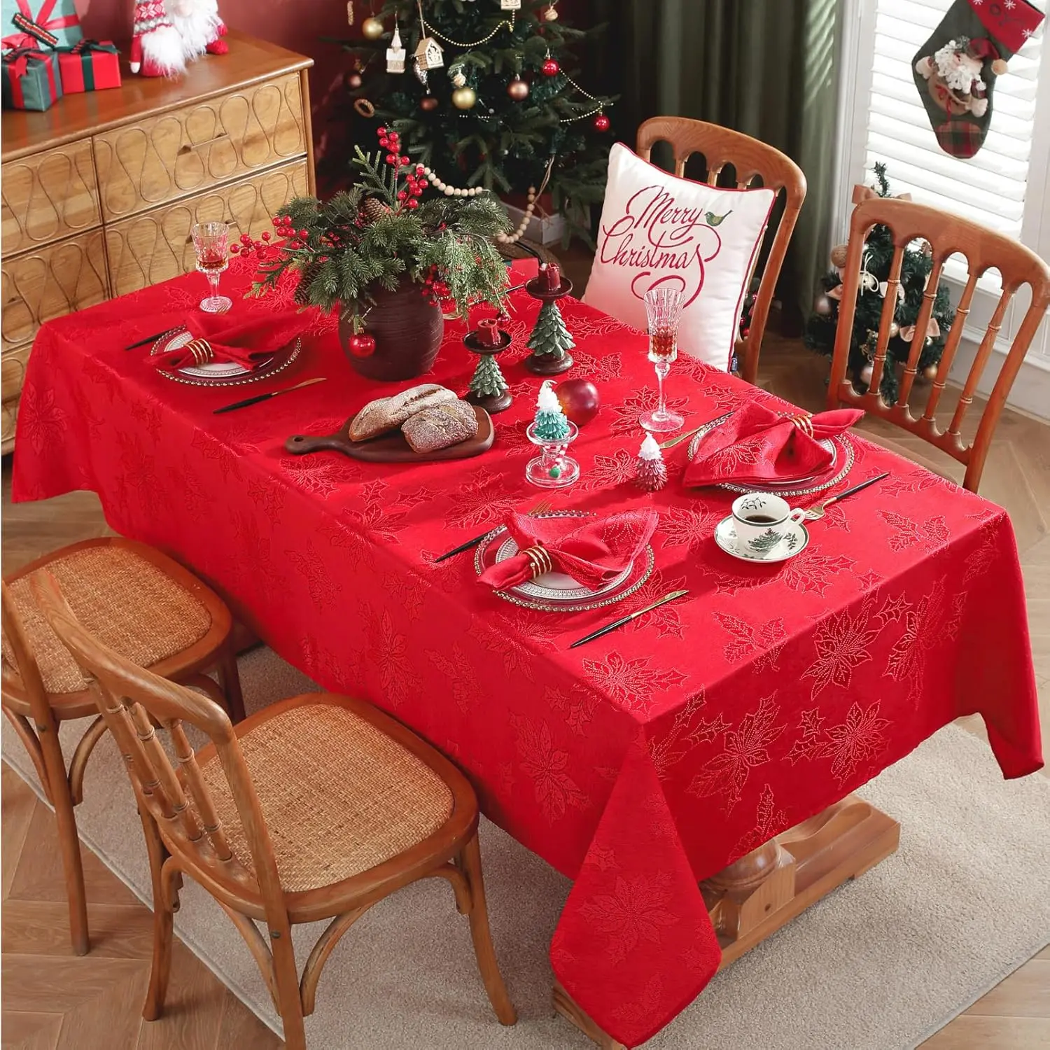Honellaty Christmas Poinsettia Tablecloth Rectangle, Jacquard Washable Polyester Durable Spillproof Anti-Wrinkle Damask Fabric Table Cover for Christmas or Daily Uses, Red