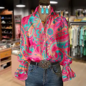 Cherrybetty Retro Paisley Floral Print Double Layered Long Sleeve Top Women Casual Style Vintage Blouse Cute Fall Outfits for Womenswear