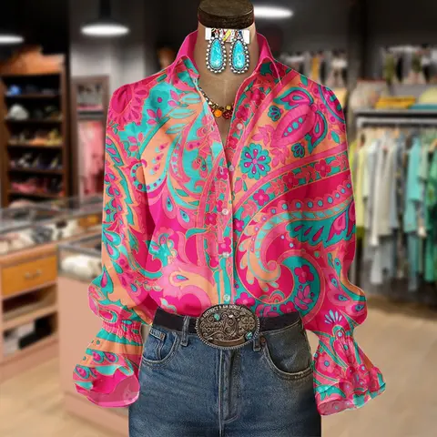 Cherrybetty Retro Paisley Floral Print Double Layered Long Sleeve Top Women Casual Style Vintage Blouse Cute Fall Outfits for Womenswear