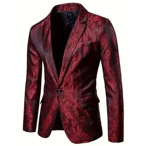 Men'S Dark Patterned Palace Style Western Body Fitting Formal One Button Blazer Shape Coat Long Sleeve Casual Polyester Suits Menswear Stretch