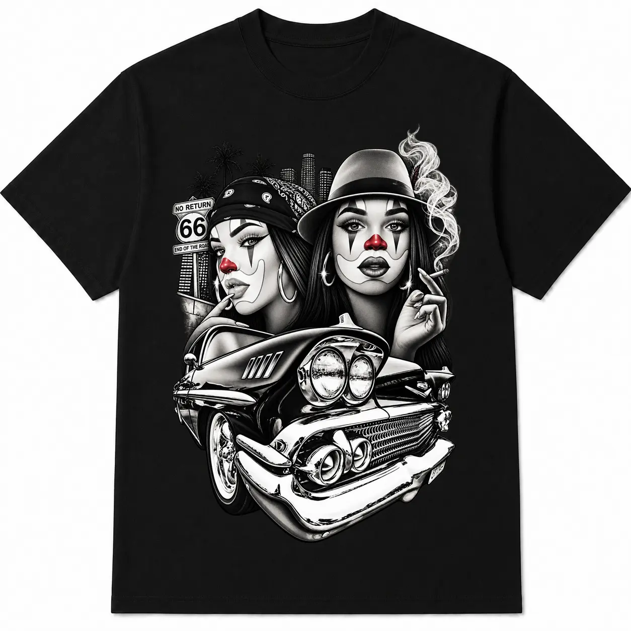 100% Cotton Lowrider Girls Graphic T-Shirt, Chicano Inspired Clown Makeup & Classic Car Tee, Black White Vintage Streetwear Shirt, Unisex Urban Casual Car Culture Top sohochic