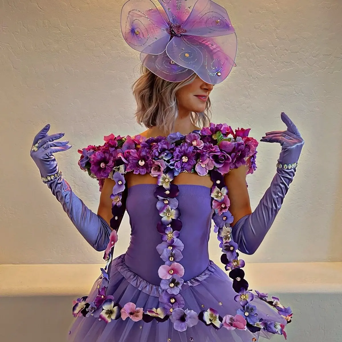 Hand-made, custom purple floral costume for entertainment and performance
