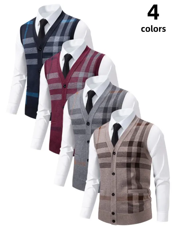 Men's Button Front Cardigan Sweater Vest Knit Sweater Waistcoat V Neck Plaid Sleeveless Gilet with Pockets Great Value Soft Stretchy Warm Breathable Tailored Fit for Men Office Business School Fall Winter Layering Outfits