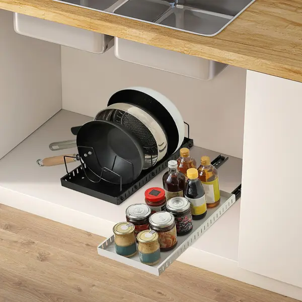 White Adjustable Carbon Steel Pot Storage Rack - Anti-Rust Pull-Out Organiser with Smooth Sliding, Easy Cabinet Installation for Pan Lids, Cutting Boards, Baking Sheets