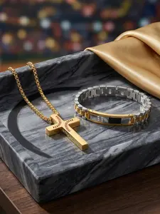 2-piece Classic Bible 1:9 Cross Golden Necklace and Luxury 18K Bracelet Set, Diamond-encrusted / Stainless Steel / Colorfast / Hypoallergenic / Couple / Festival / Party / Ideal Gift