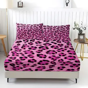 3Pcs Vibrant Bubblegum Pink Leopard Print Fitted Sheet Set, Textured Glittery Fabric with Irregular Black Spots, Soft and Durable Bedding Set, Perfect for a Fun and Bold Bedroom Makeover!Includes 2 pillowcases (pillow inserts not included).