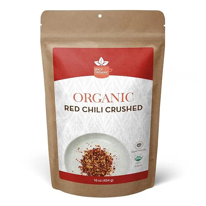 SPICY ORGANIC Crushed Red chili Flakes - 100% Pure USDA Certified - Non-GMO, Gluten-Free-Comes in a Resealable Pack–Pungent and Spicy Flavor-16OZ (454 grams) Spice Taffy Chicken
