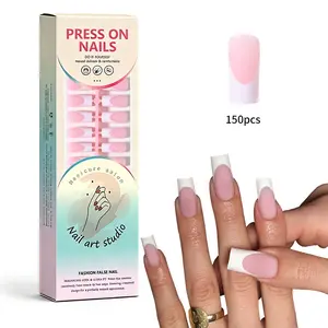 150pcs Minimalist French Square Nail Tips, Nude Base with Pure French Edge, Long Hand Effect, Salon Quality at Home